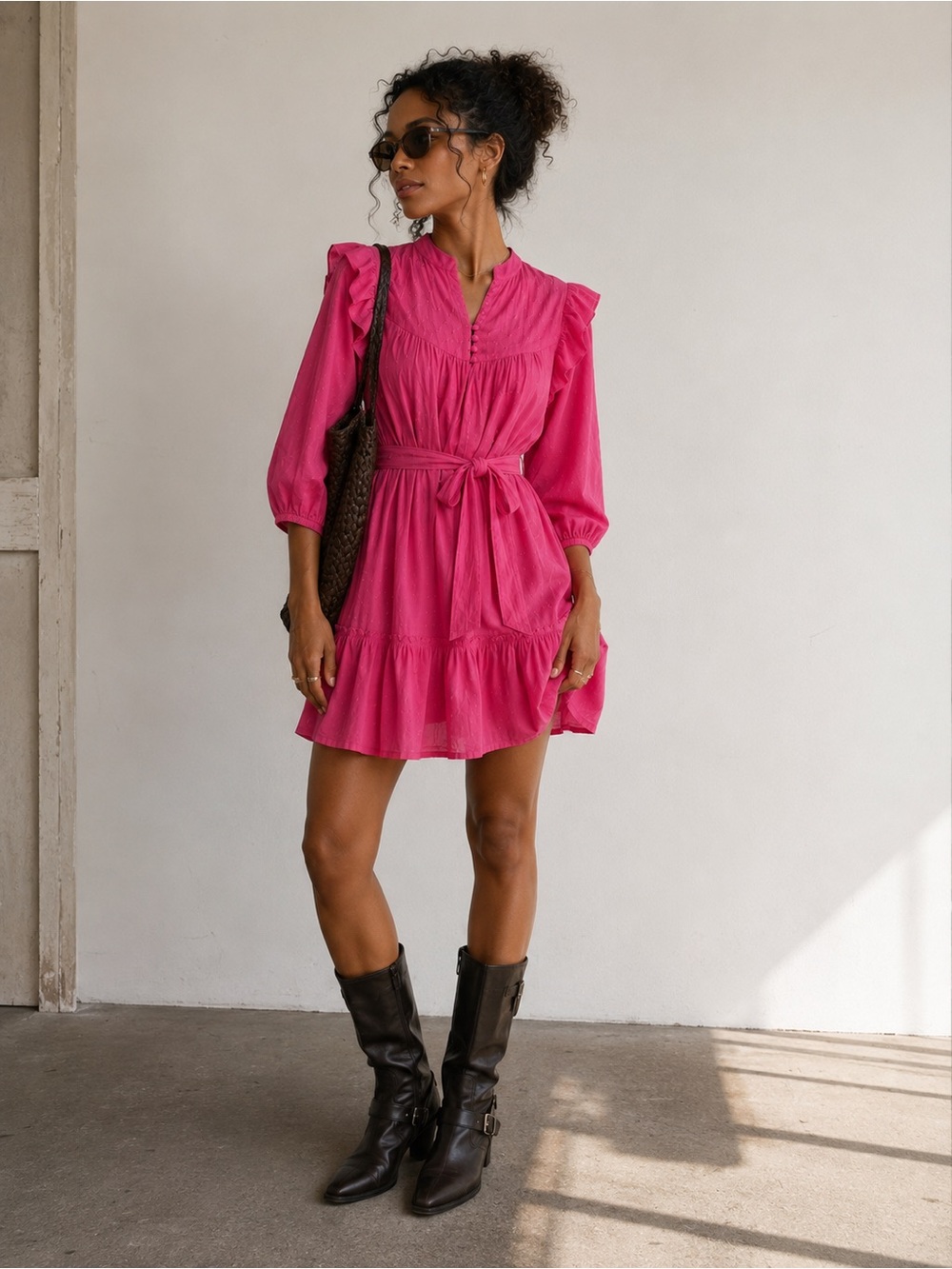Anthropologie Place Nationale Pink Ruffle Mini Dress Belt Size 1